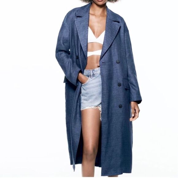 Zara Buttoned Linen Denim Trench Coat Limited Edition Blue Medium - Picture 1 of 12